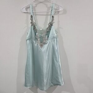 Flora Womens Babydoll Satin Chemise Size Medium Teal Floral Fairy Coquette Slip